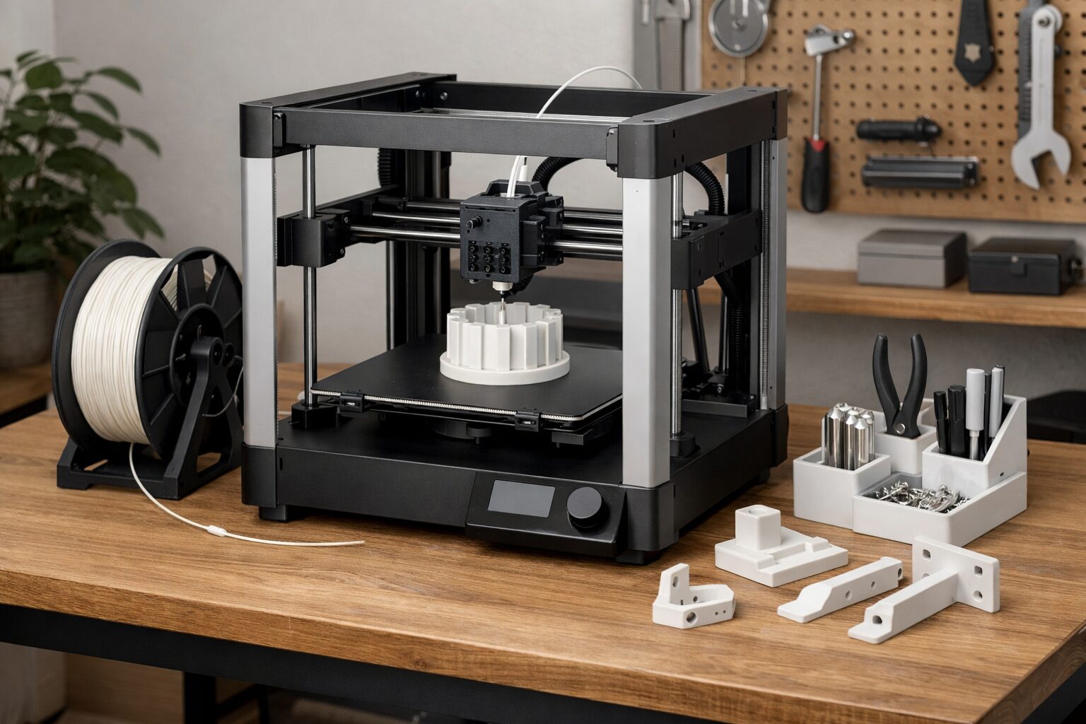 Домашний 3D-принтер на рабочем столе рядом с катушкой PLA и готовыми деталями