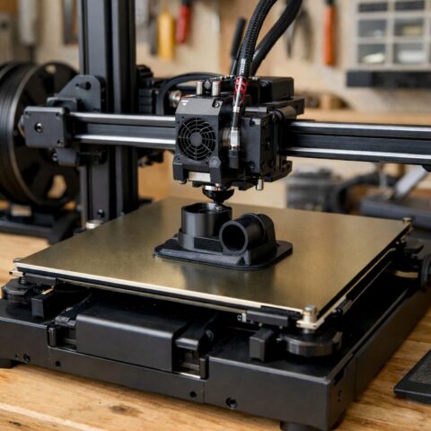 Домашний 3D-принтер в работе Настольный 3D-принтер открытого типа печатает тестовую деталь на гибкой PEI-платформе