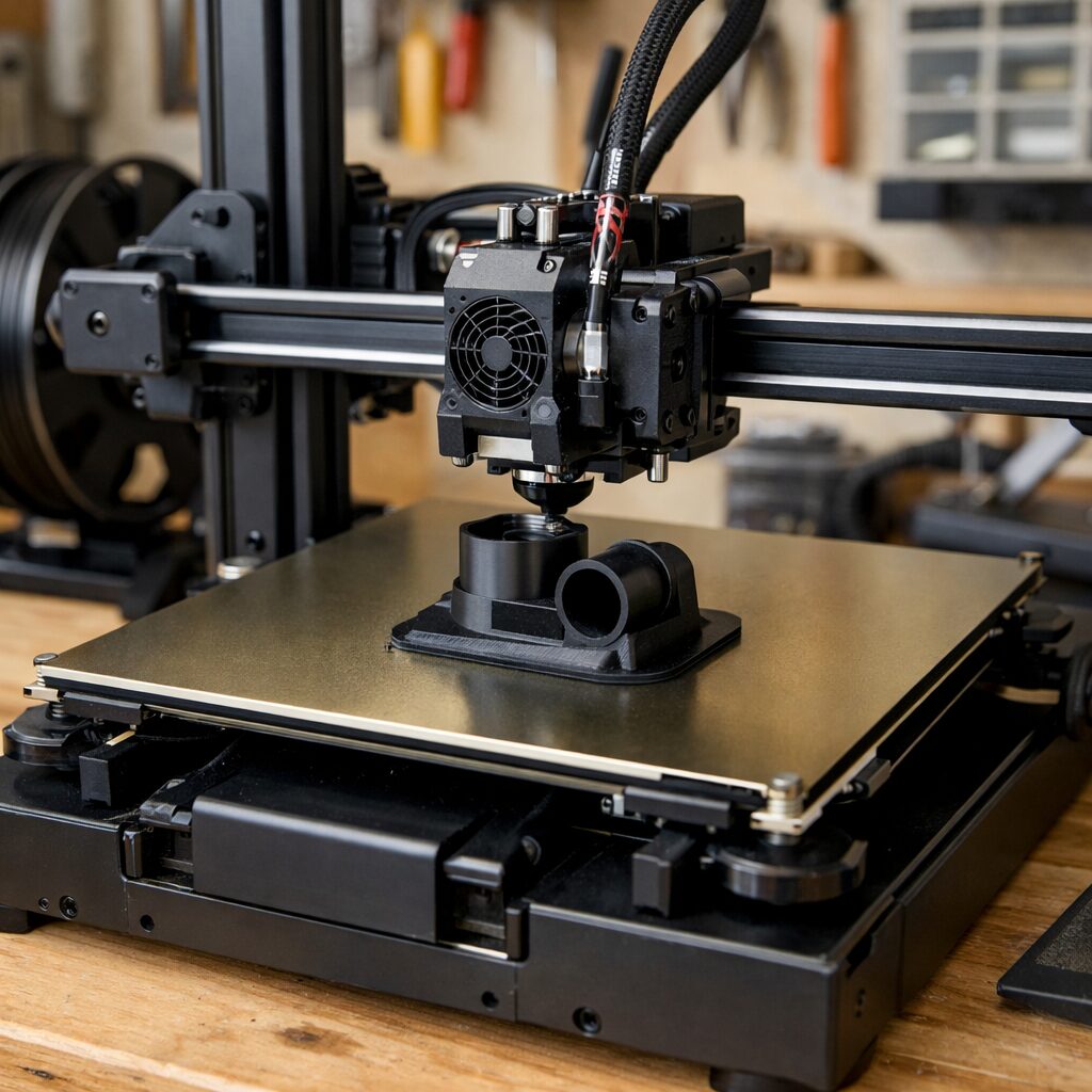 Настольный 3D-принтер открытого типа печатает тестовую деталь на гибкой PEI-платформе