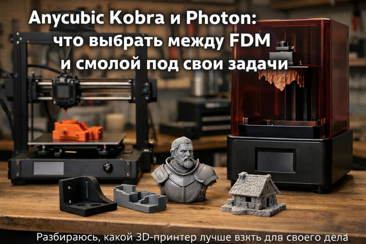 FDM и смола для разных задач Сравнение открытого FDM-принтера и смоляного принтера на рабочем столе мастерской