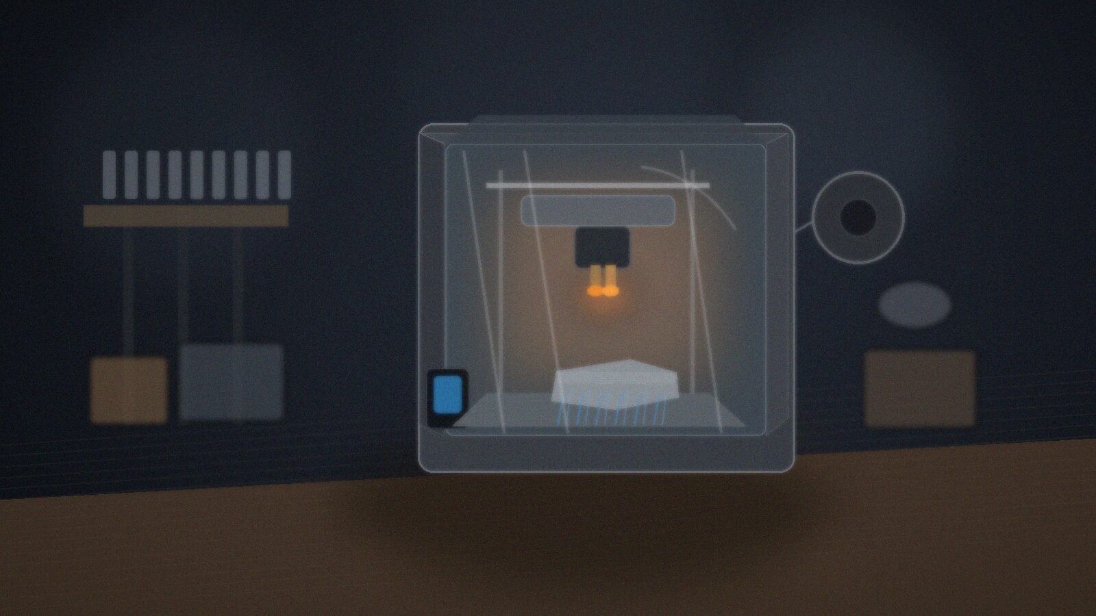 Закрытый настольный 3D-принтер печатает крупную техническую деталь в мастерской