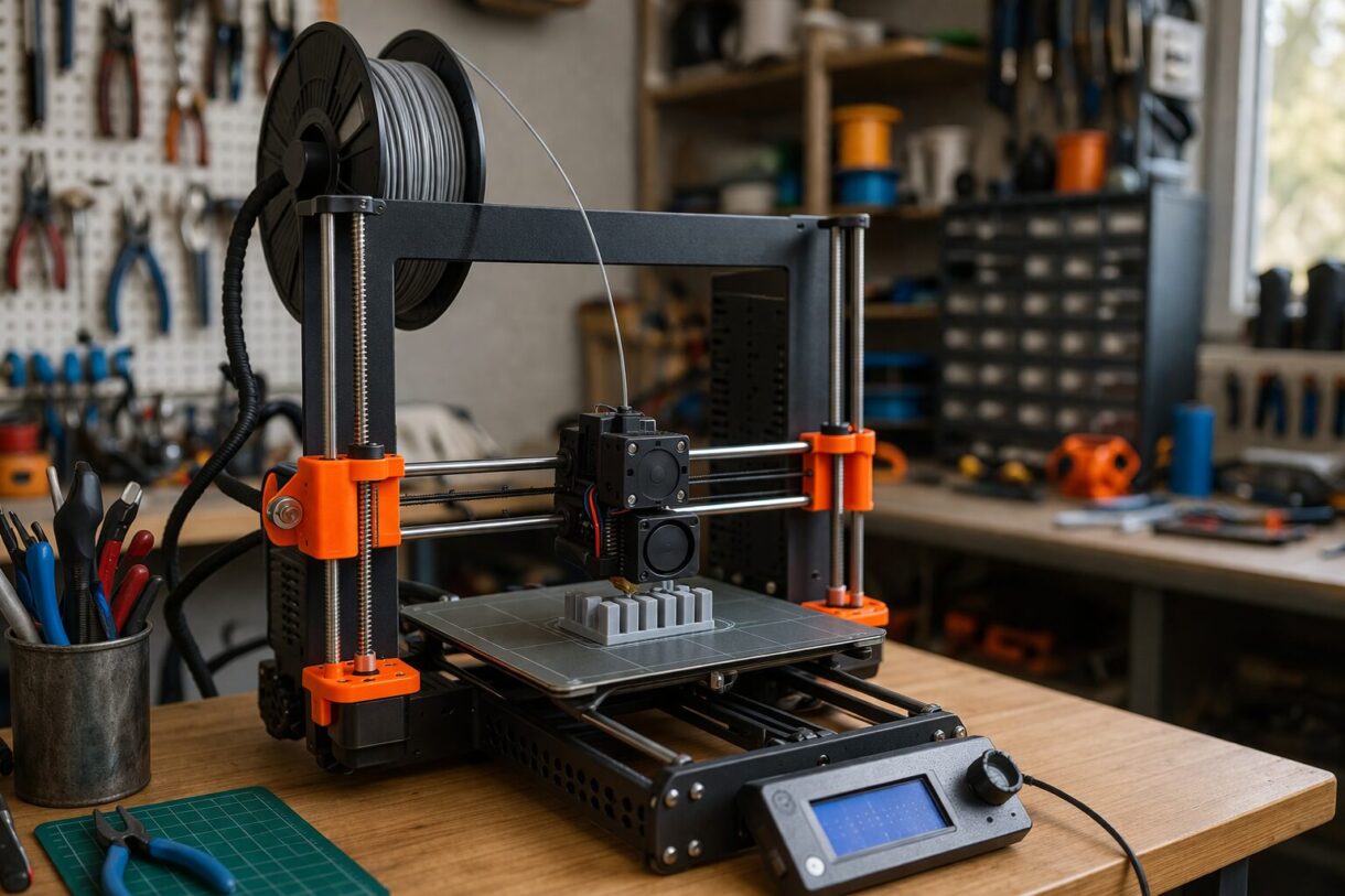 Классическая платформа Prusa в мастерской Открытый 3D-принтер в стиле Prusa печатает калибровочную деталь на верстаке