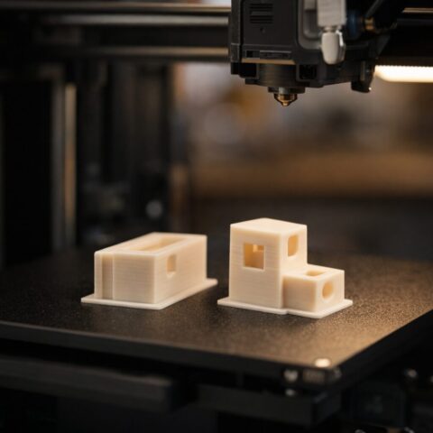 Компактный 3D-принтер на столе Компактный настольный 3D-принтер печатает небольшую деталь в домашней мастерской