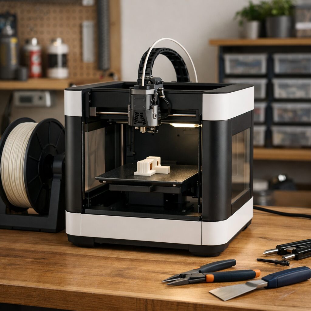 Компактный настольный 3D-принтер печатает небольшую деталь в домашней мастерской