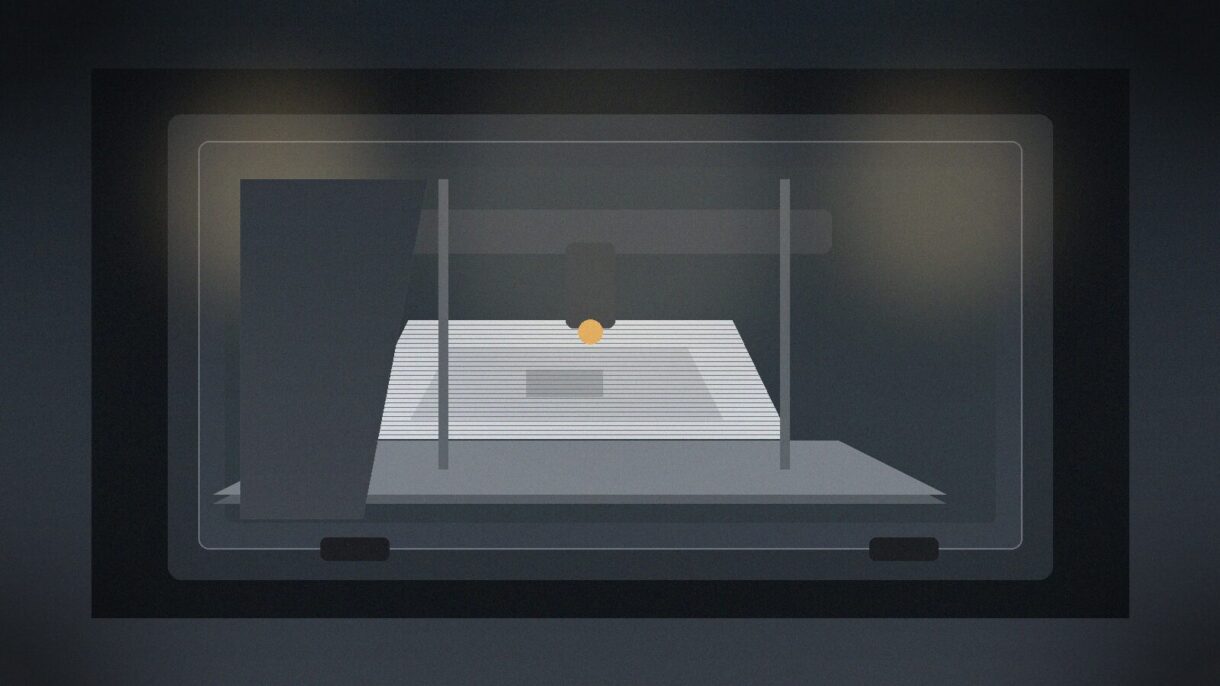Крупноформатная печать технической детали Большой закрытый 3D-принтер печатает крупный технический корпус в мастерской