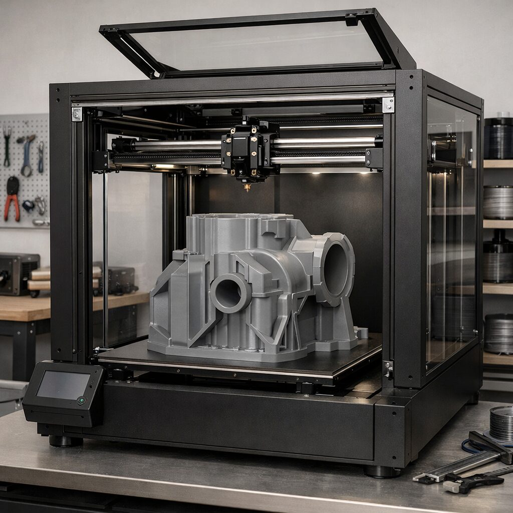 Большой закрытый 3D-принтер печатает крупную техническую деталь в мастерской