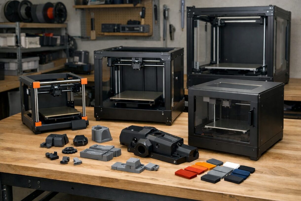 Линейка 3D-принтеров для мастерской Несколько 3D-принтеров разного формата на рабочем столе в мастерской