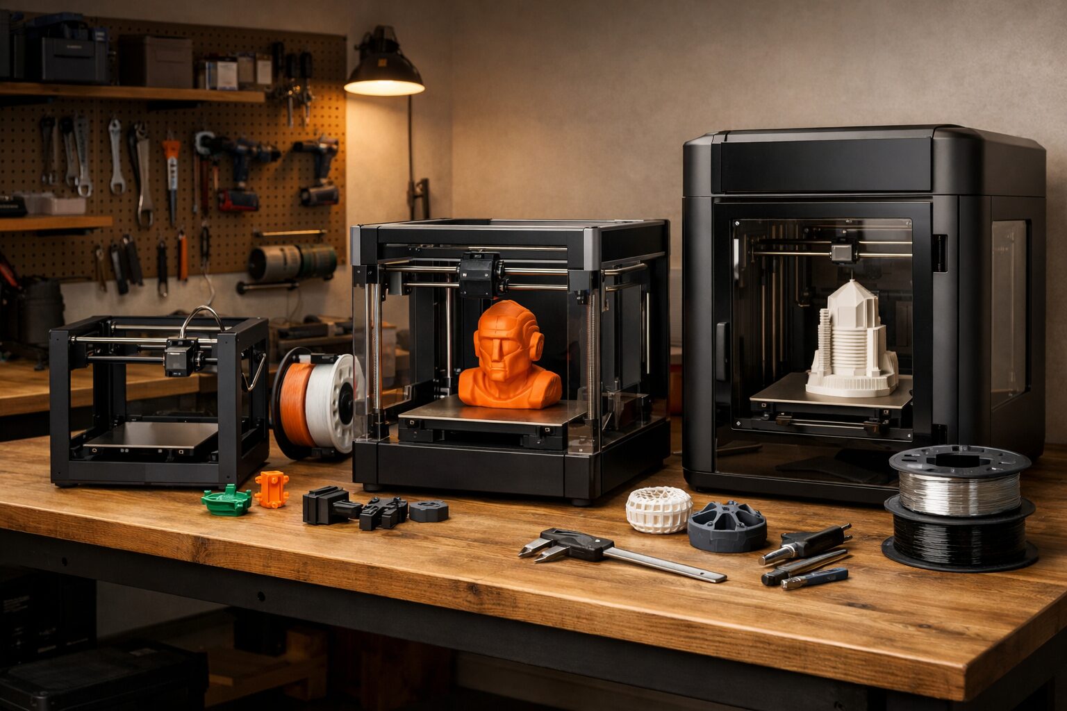 Три разных класса 3D-принтеров на верстаке в домашней мастерской
