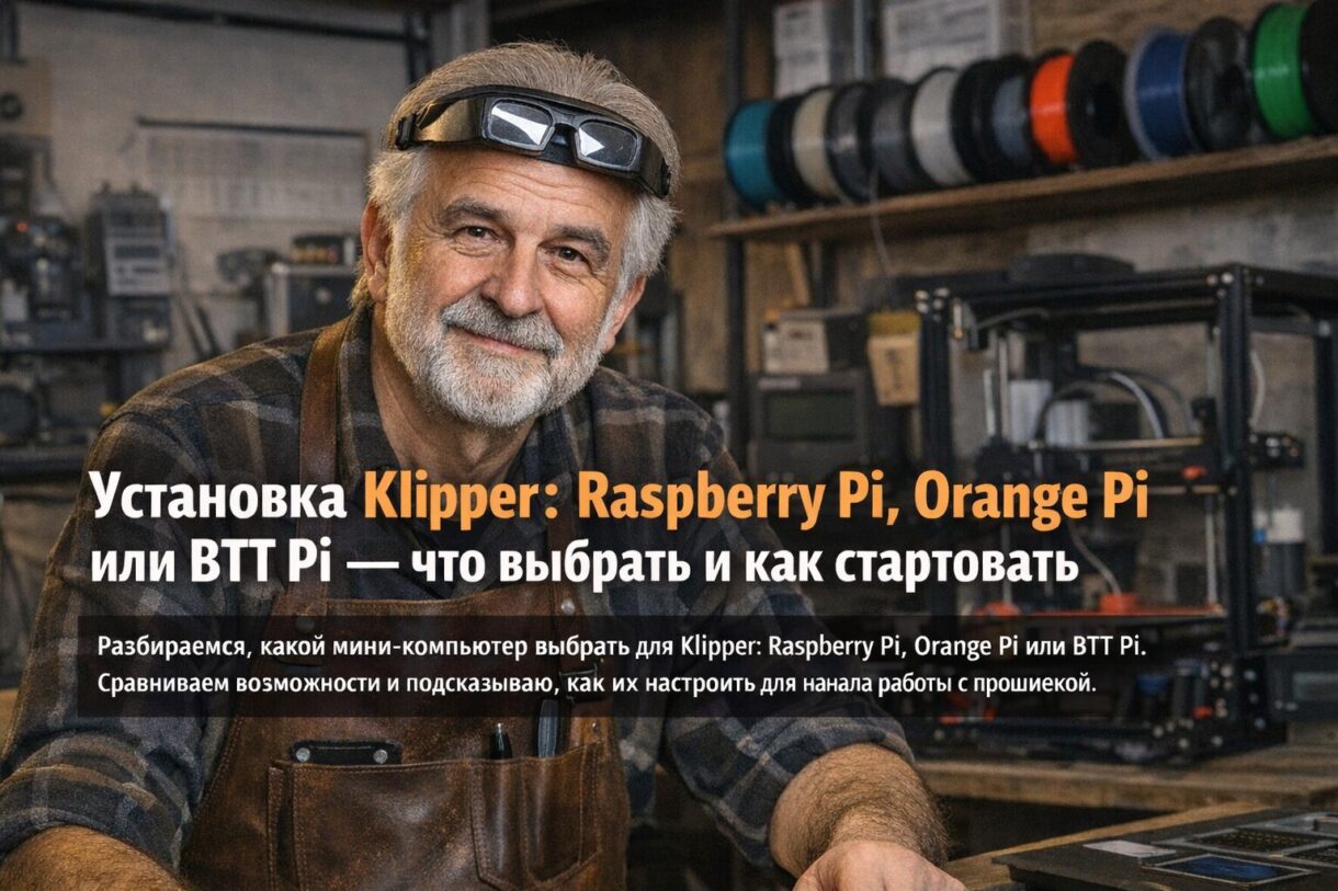 Одноплатный компьютер рядом с 3D-принтером и открытым интерфейсом управления печатью