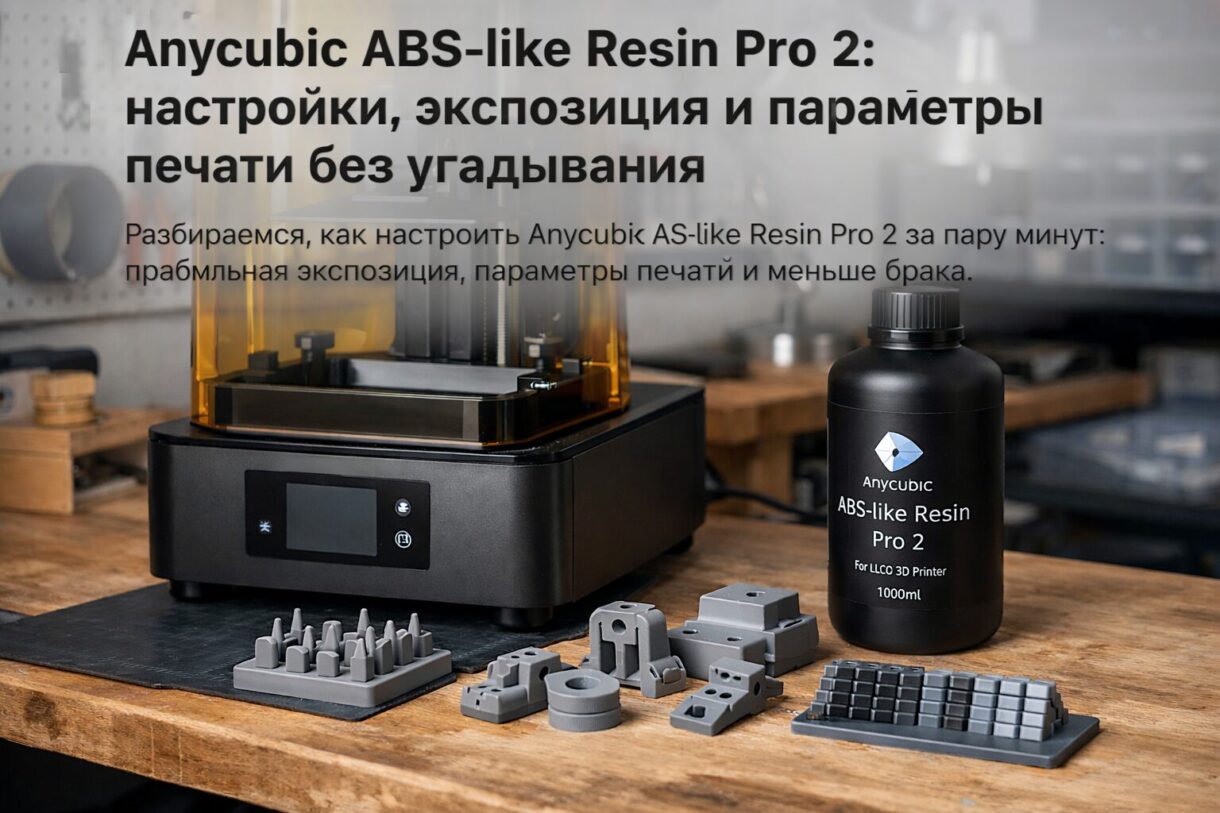 Смоляной 3D-принтер, бутылка инженерной смолы и готовые детали на рабочем столе