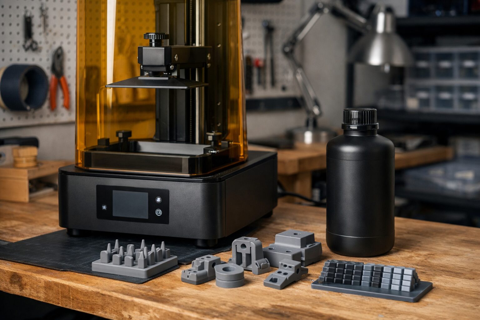 Смоляной 3D-принтер, бутылка инженерной смолы и готовые детали на рабочем столе