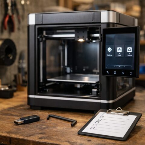 Закрытый 3D-принтер с экраном обновления и USB-накопителем рядом