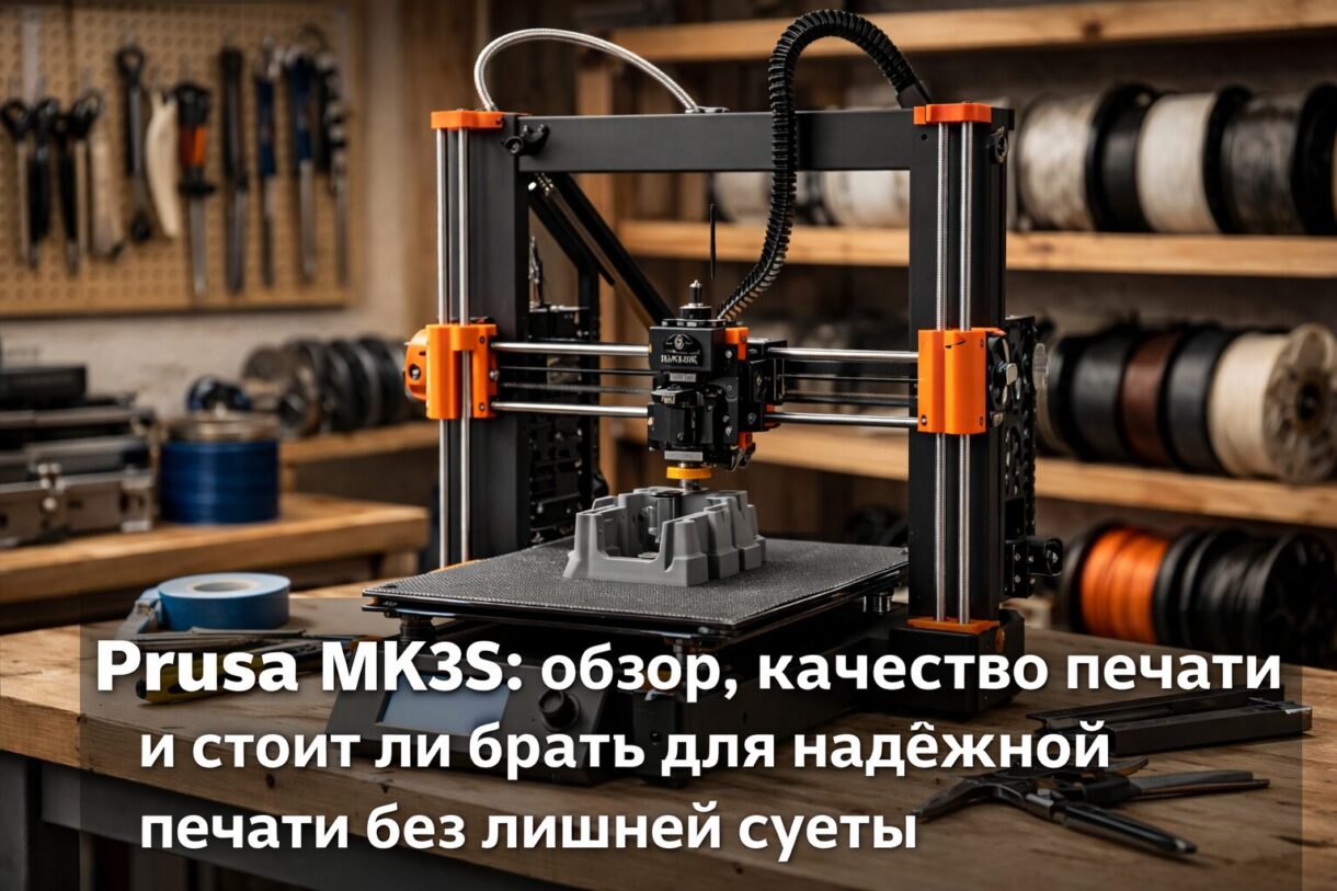 Открытый FDM-принтер на верстаке печатает функциональную деталь