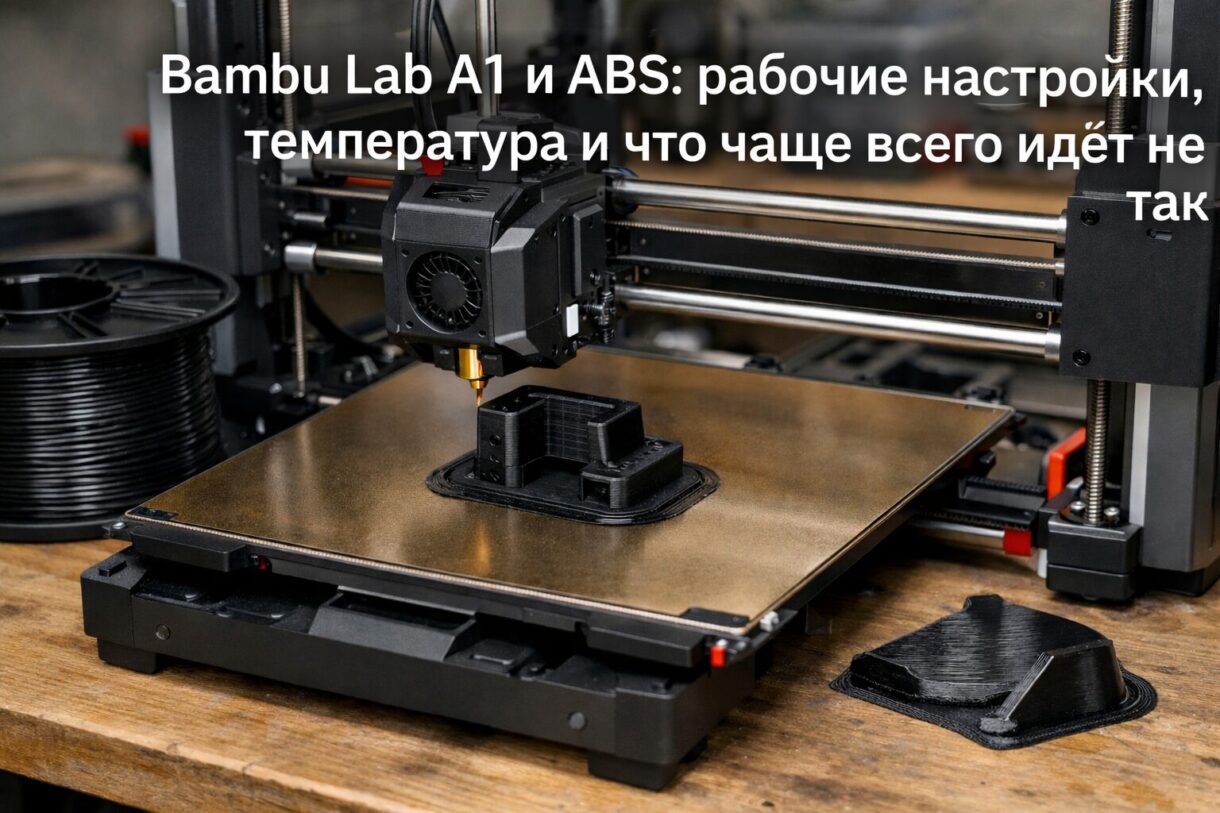 Печать ABS на открытом 3D-принтере Открытый 3D-принтер печатает небольшую ABS-деталь с brim на столе