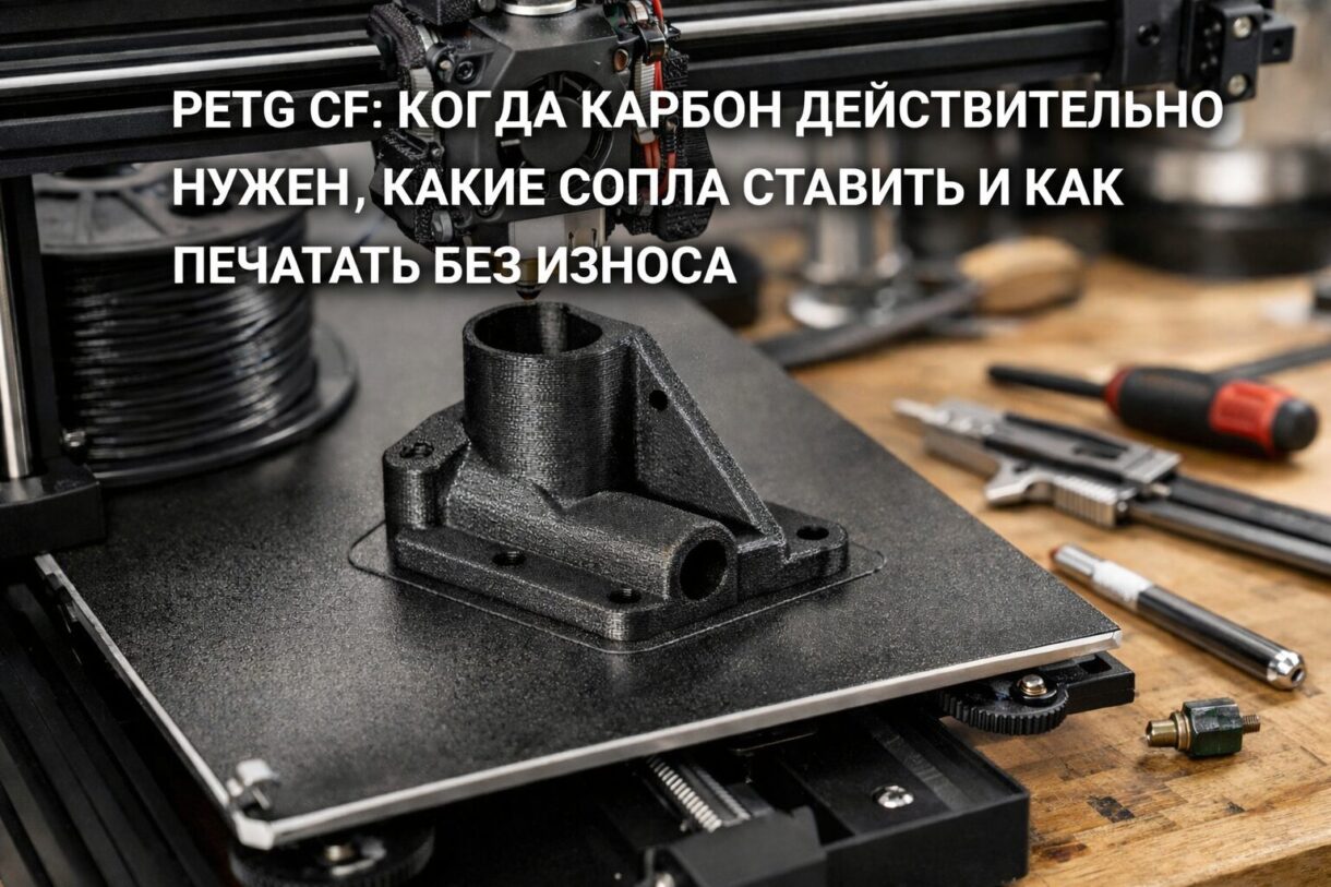 Печать детали из PETG CF 3D-принтер печатает матовую функциональную деталь из PETG CF