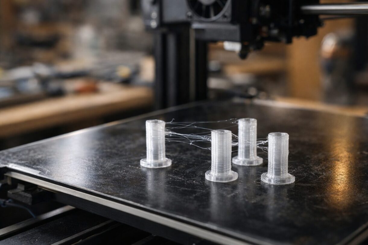 Катушка PETG рядом с 3D-принтером, который печатает прозрачную функциональную деталь на тёплом столе