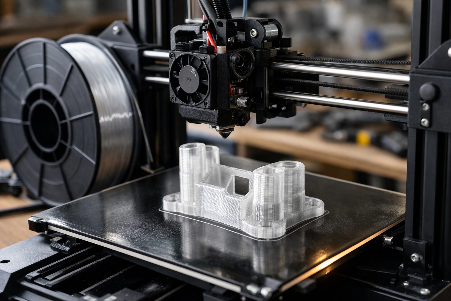Катушка PETG рядом с 3D-принтером, который печатает прозрачную функциональную деталь на тёплом столе
