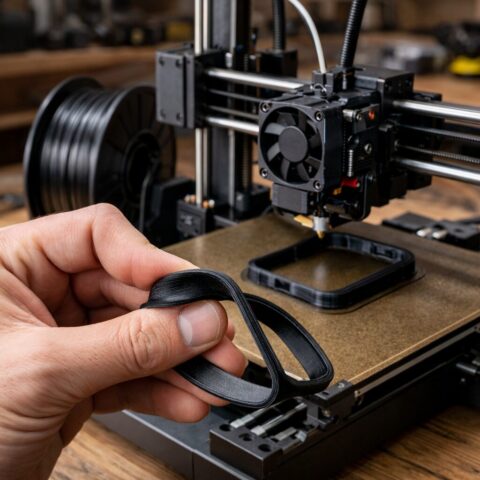 Печать гибкой TPU-детали на FDM-принтере FDM-принтер печатает гибкую TPU-деталь на текстурированной пластине в мастерской