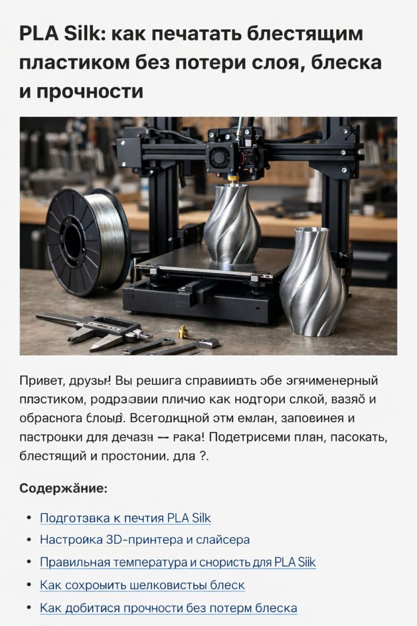 Катушка шелковистого PLA и глянцевая деталь рядом с 3D-принтером