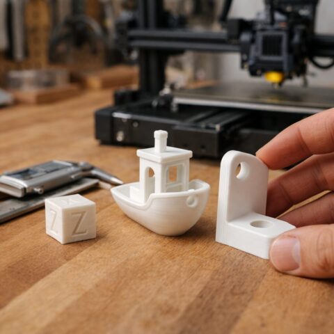 Печать на открытом FDM-принтере Открытый 3D-принтер печатает тестовую модель и функциональную деталь на столе