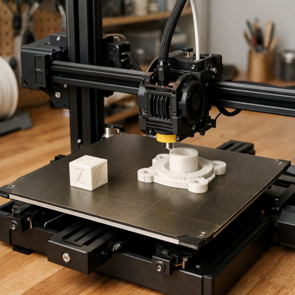 Открытый 3D-принтер печатает тестовую модель и функциональную деталь на столе