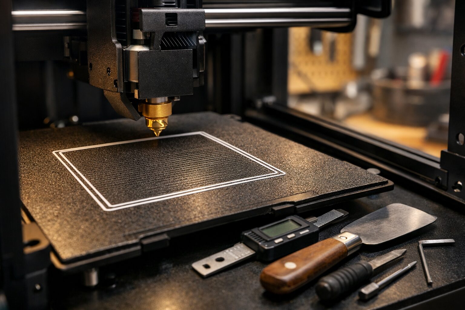 Закрытый 3D-принтер печатает тест первого слоя на текстурном столе