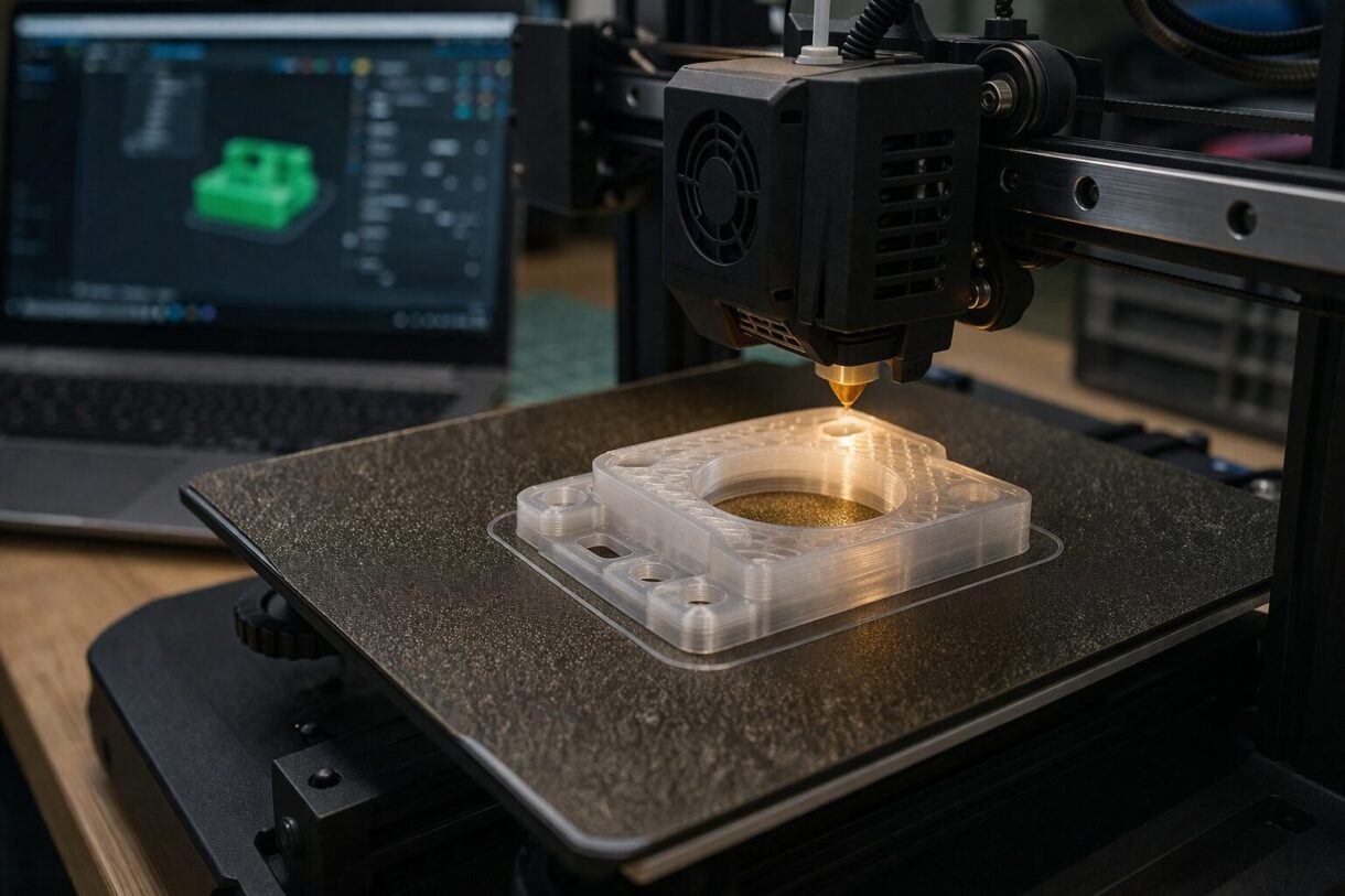 Печать PETG на 3D-принтере Печать детали из PETG на настольном 3D-принтере с текстурной PEI-пластиной