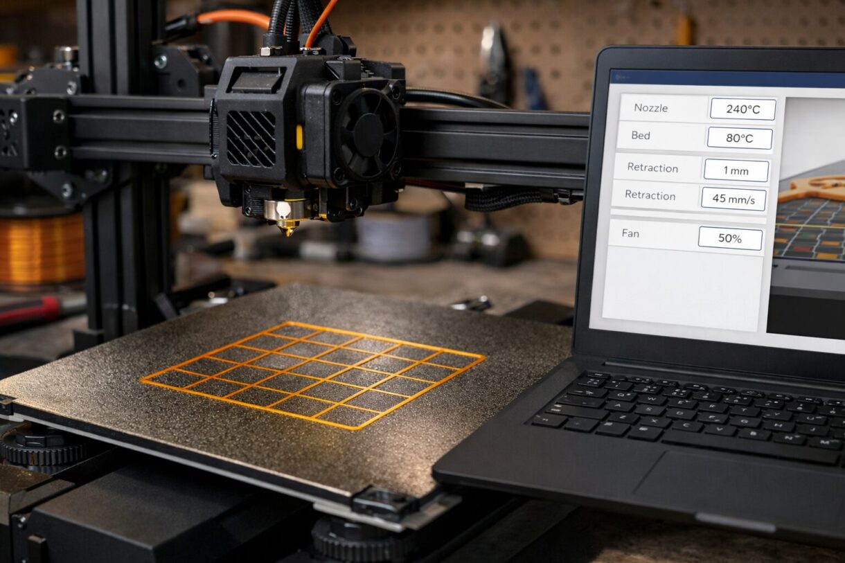 Печать PETG на FDM-принтере 3D-принтер печатает деталь из PETG на текстурной PEI-пластине в мастерской
