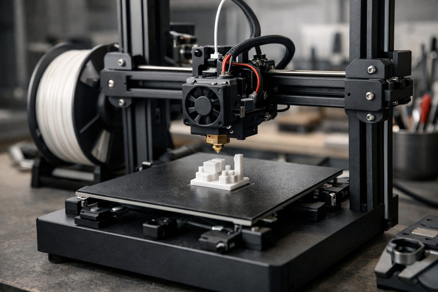 FDM-принтер печатает калибровочную деталь из PLA на открытом столе