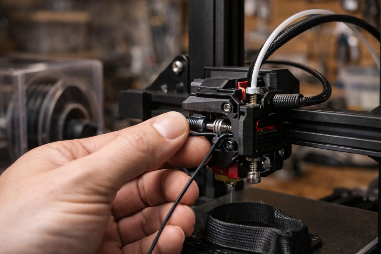 Печать TPU на FDM-принтере FDM-принтер печатает гибкую TPU-деталь рядом с катушкой в сухом боксе