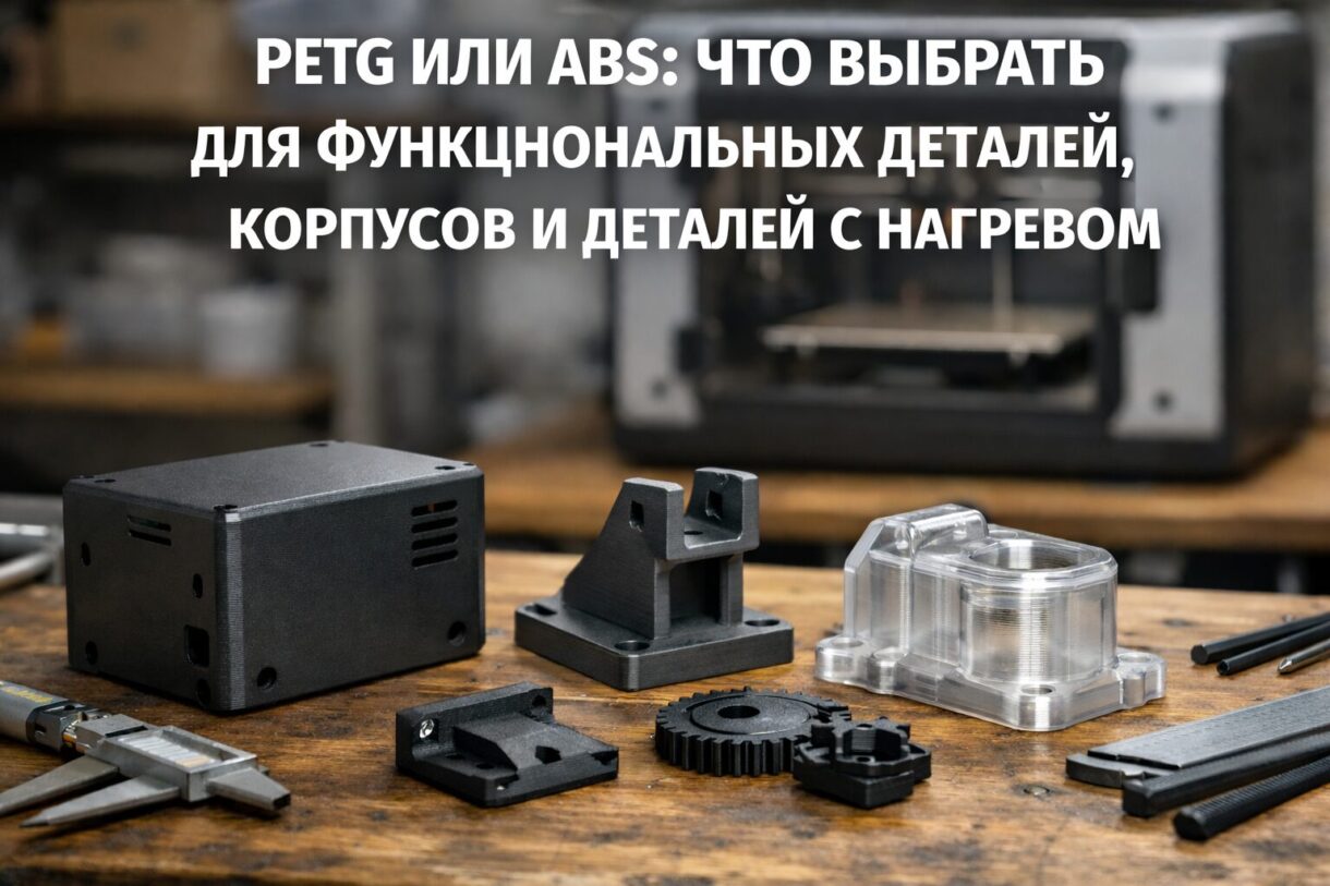 PETG и ABS для рабочих деталей 3D-печатные корпуса и функциональные детали из PETG и ABS на верстаке рядом с принтером