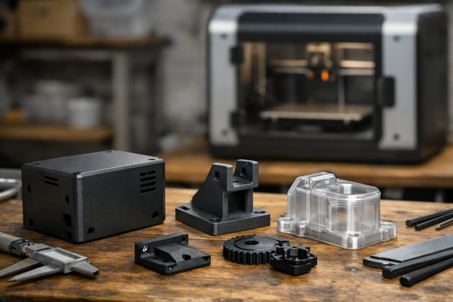 3D-печатные корпуса и функциональные детали из PETG и ABS на верстаке рядом с принтером