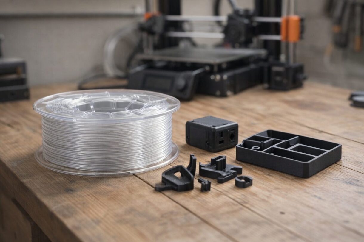 PETG и функциональные детали Катушка PETG и напечатанные функциональные детали рядом с 3D-принтером в мастерской