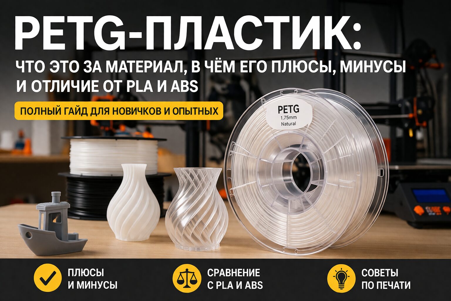 Катушка PETG и напечатанные функциональные детали рядом с 3D-принтером в мастерской