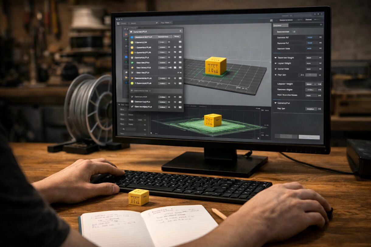 Подготовка модели к печати Рабочее место с 3D-принтером и открытым слайсером перед запуском печати