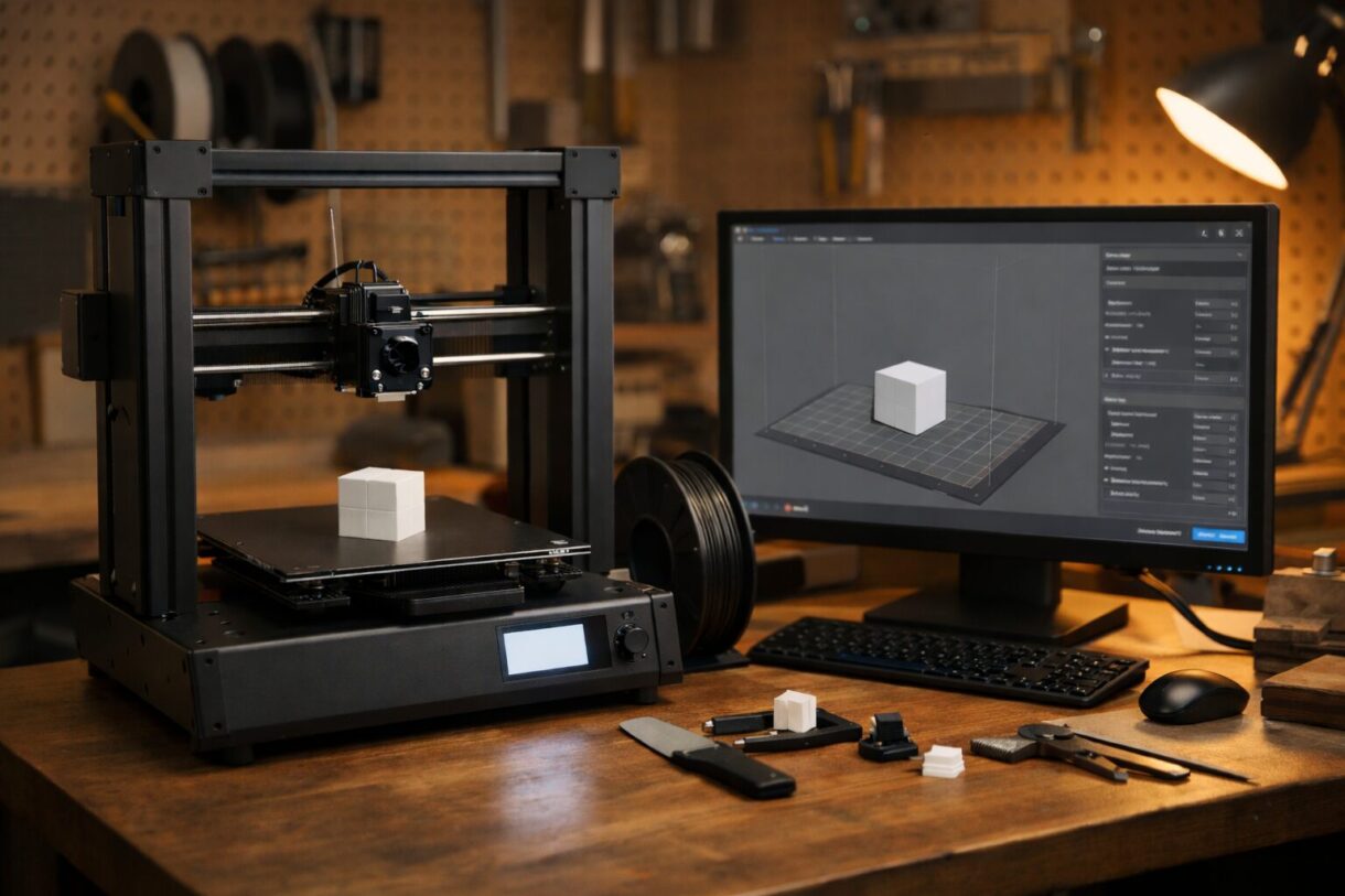 Рабочее место с 3D-принтером и слайсером на экране во время подготовки модели к печати