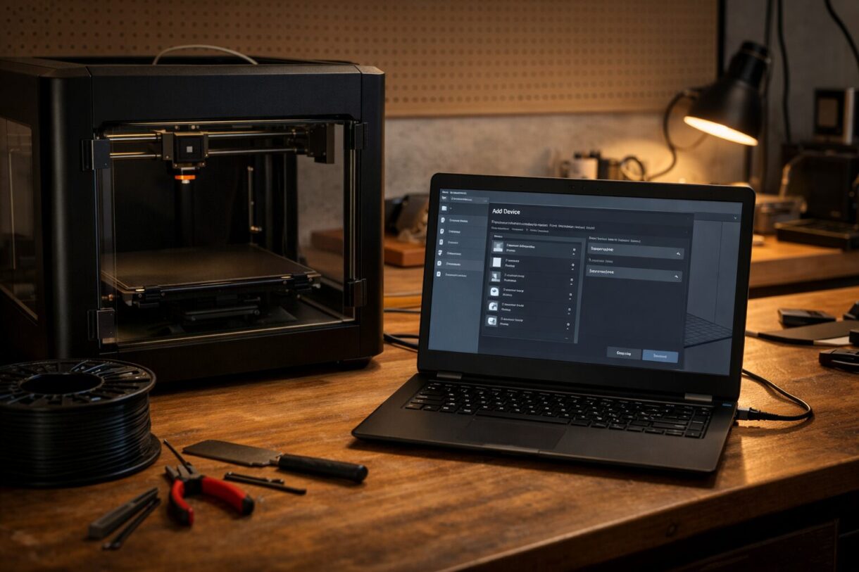 Подготовка первой печати Ноутбук со слайсером и настольный 3D-принтер перед первой отправкой модели