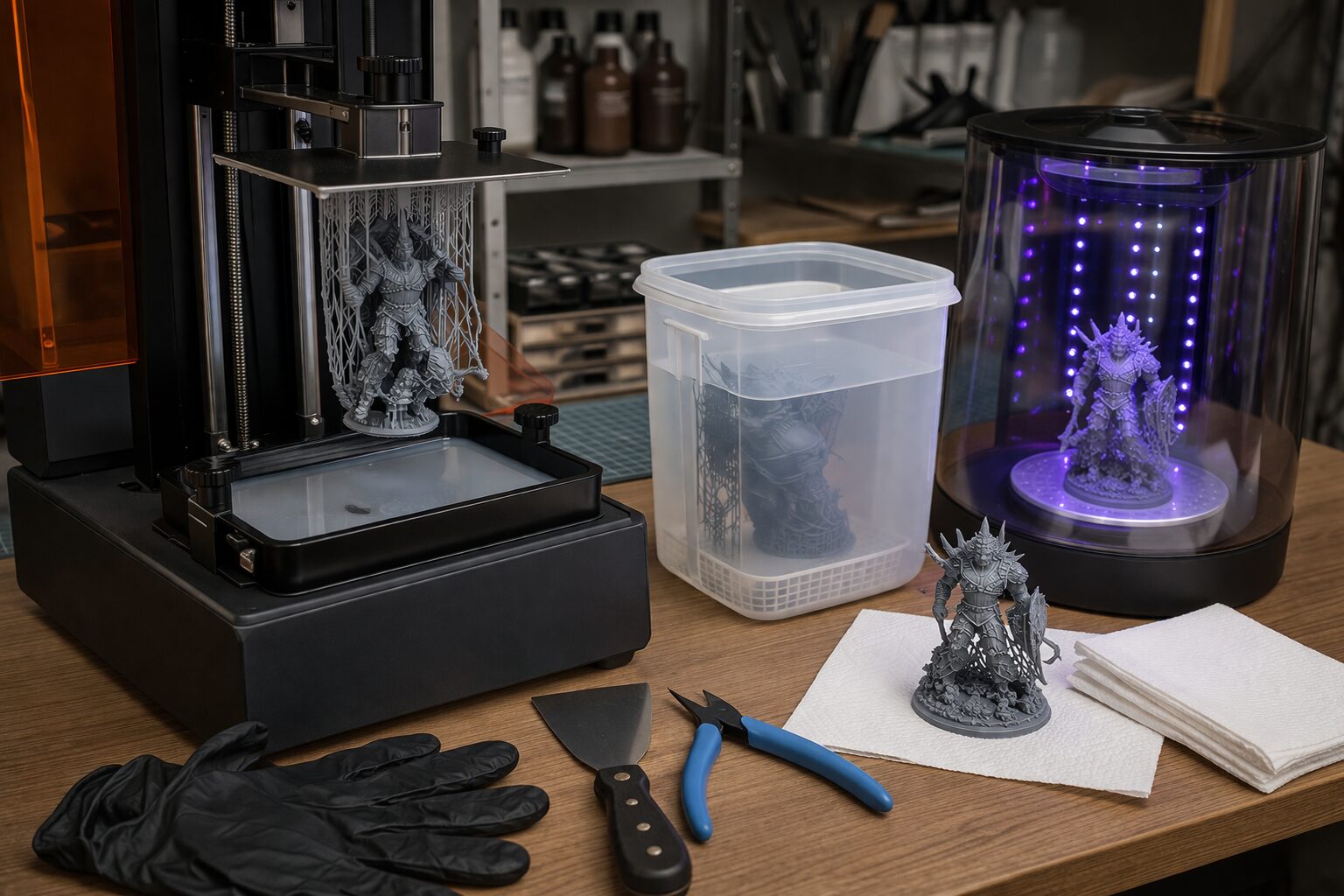 Фотополимерный 3D-принтер печатает миниатюру рядом с зоной промывки и UV-засветки