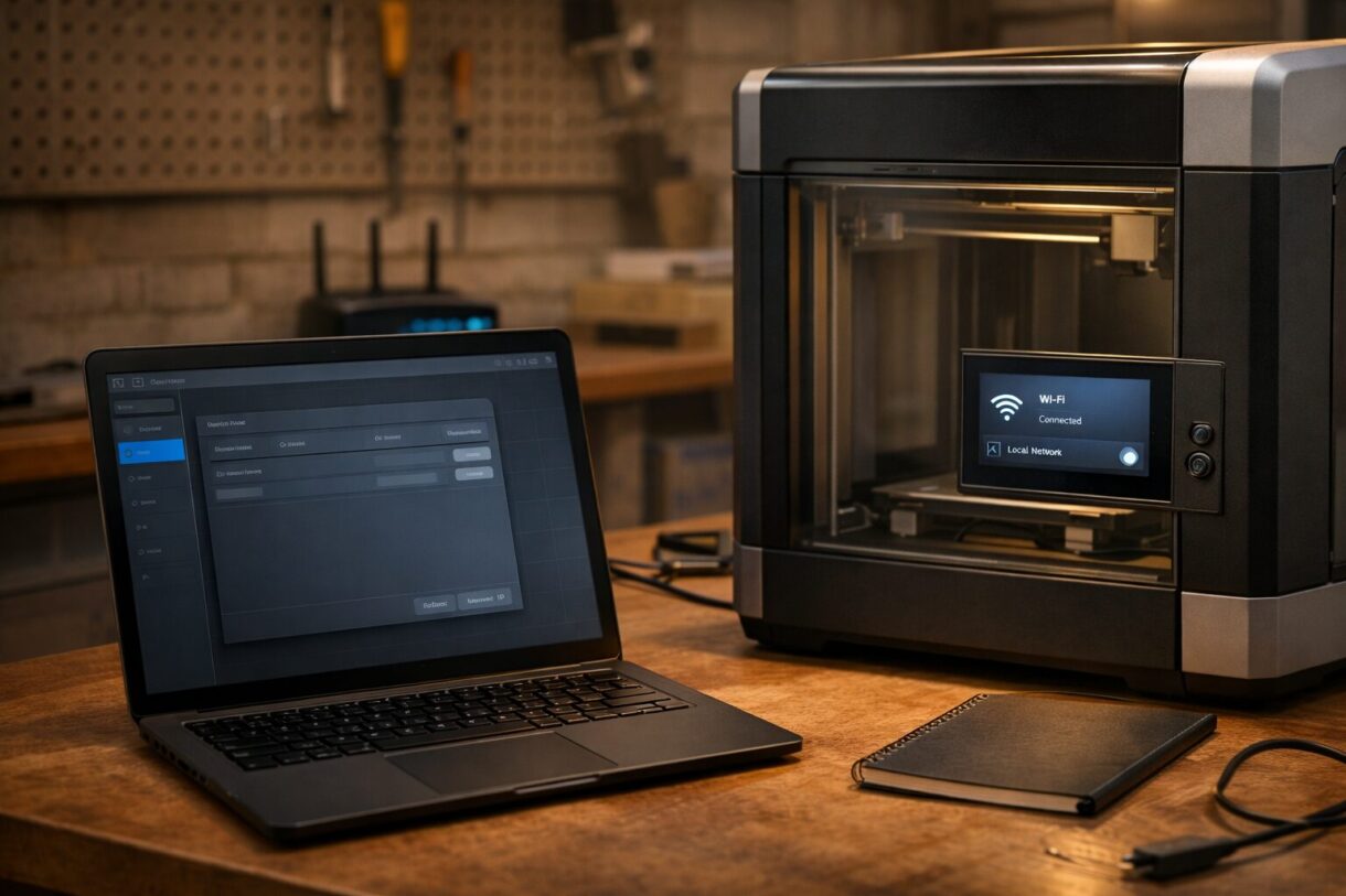 Ноутбук со слайсером рядом с 3D-принтером в мастерской