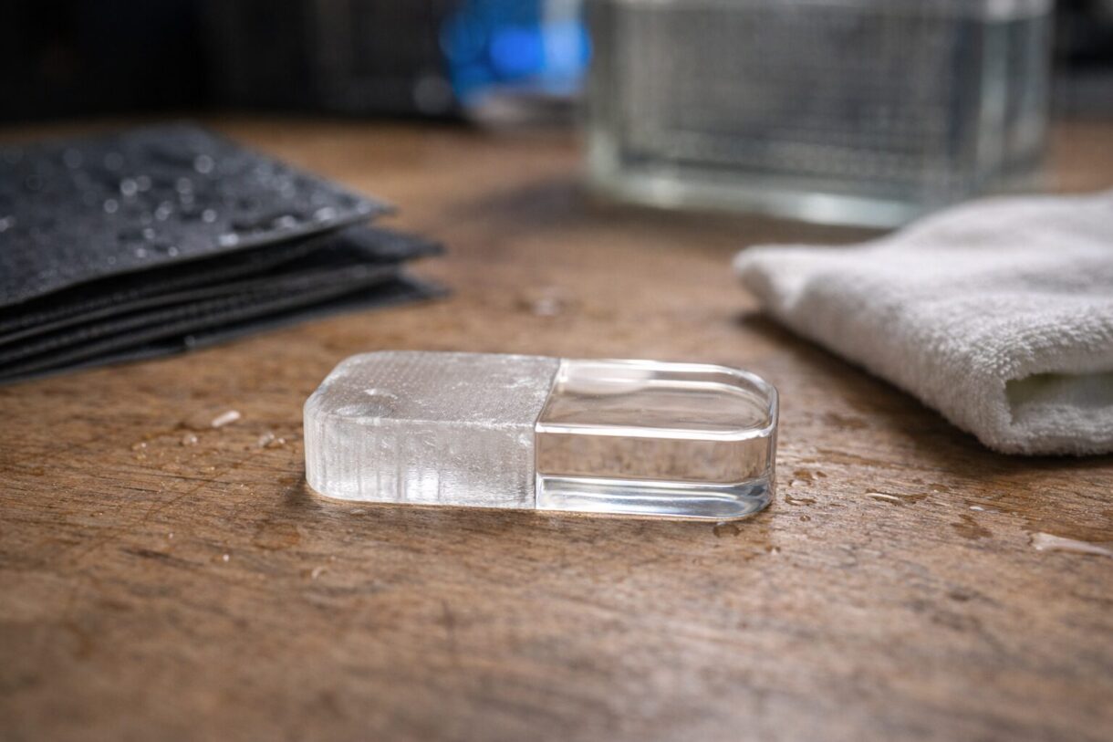 Прозрачные детали из фотополимерной смолы на рабочем столе рядом с resin-принтером и инструментами постобработки