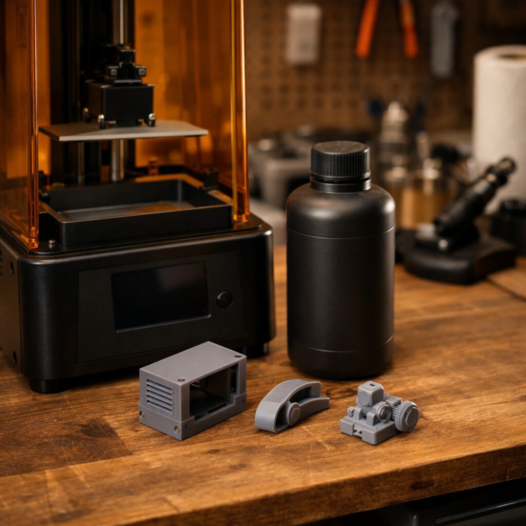 Рабочий стол с resin-принтером, бутылкой смолы и готовыми напечатанными деталями
