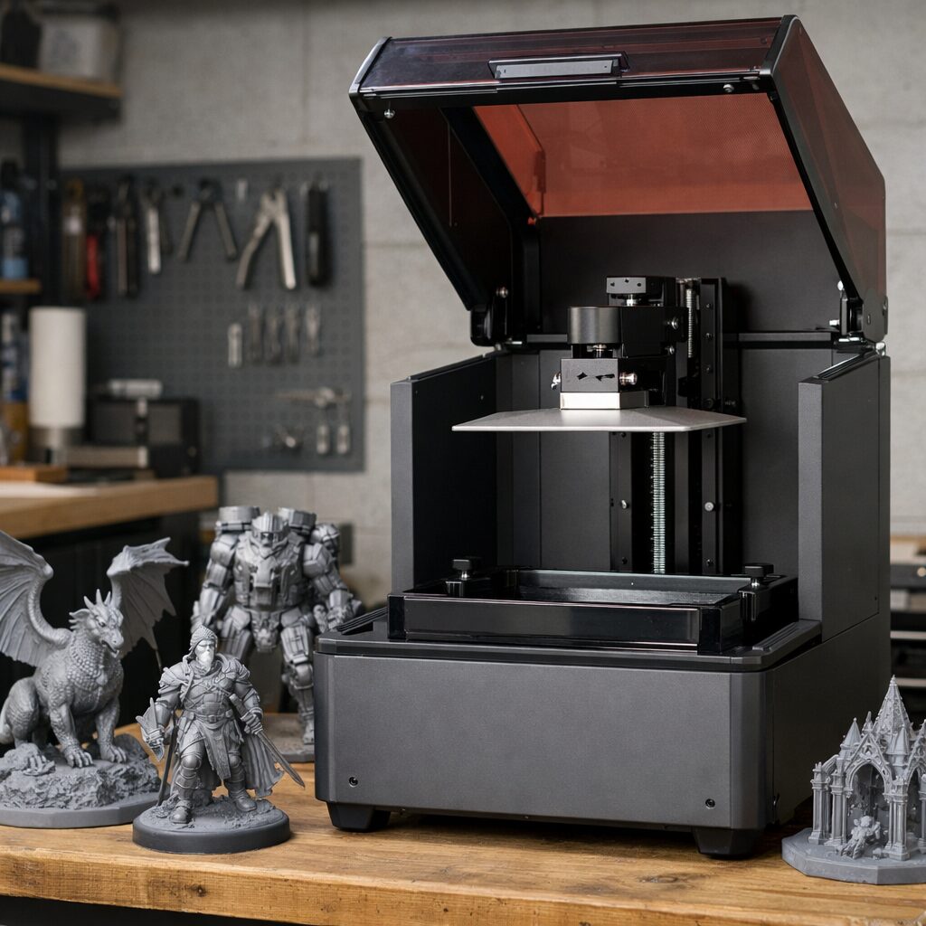 Смоляной 3D-принтер в мастерской рядом с крупными детализированными моделями