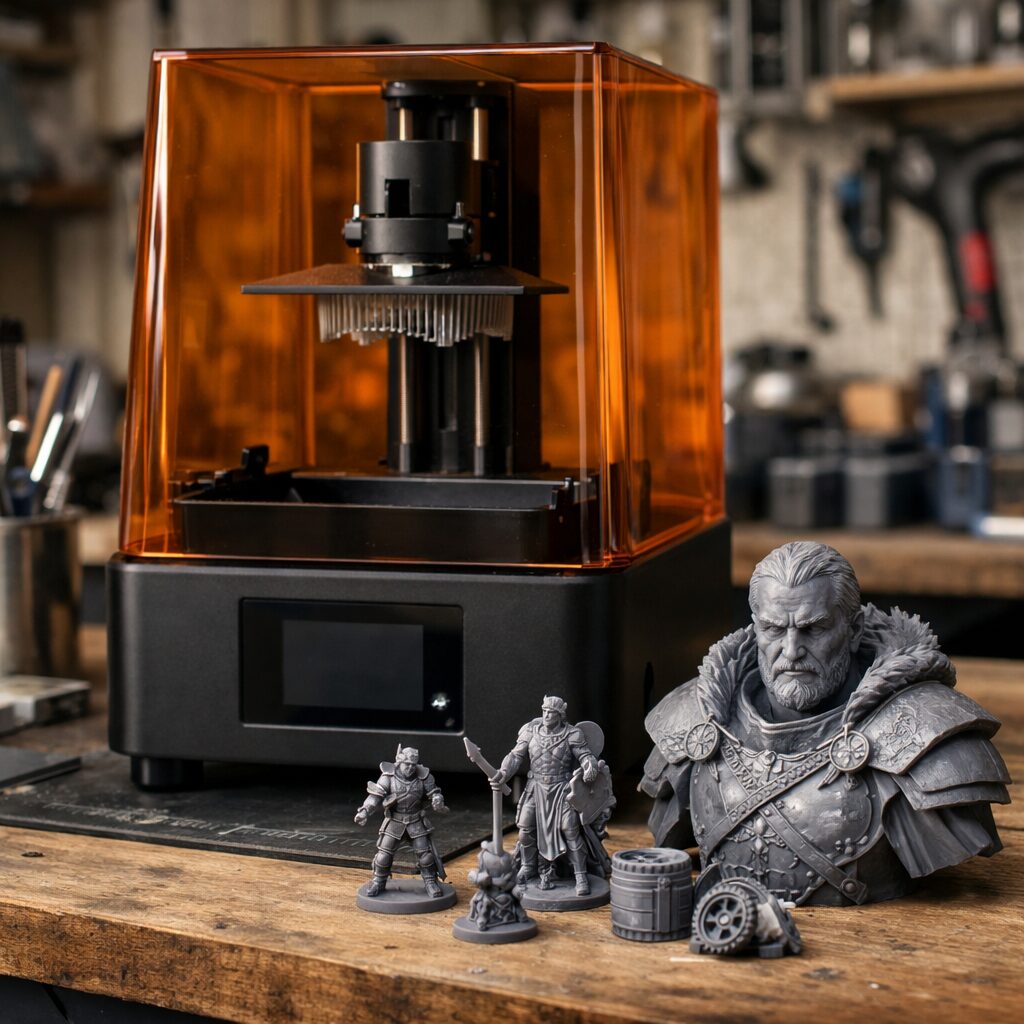 Смоляной 3D-принтер среднего формата с миниатюрами и техническими деталями на рабочем столе
