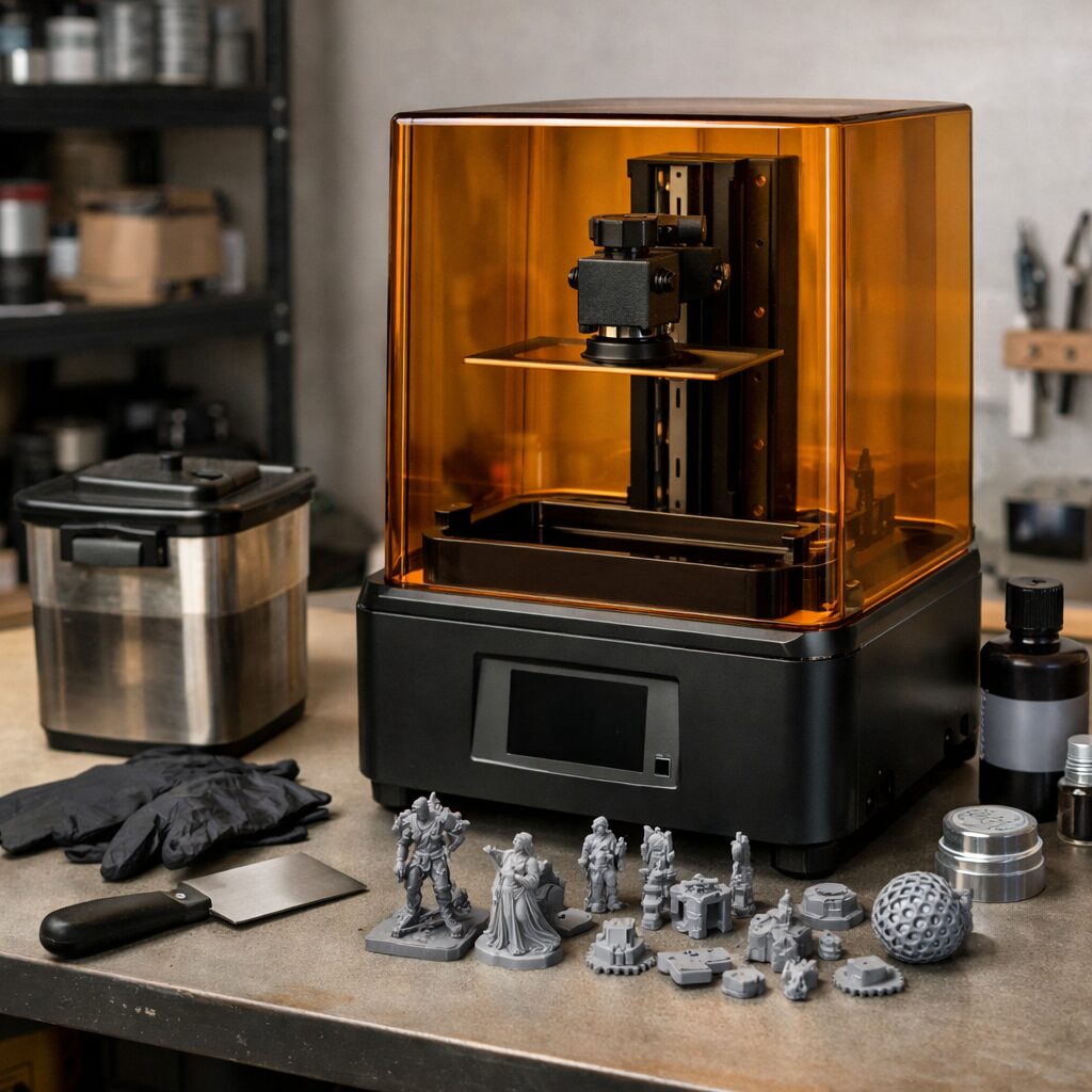 Смоляной 3D-принтер с большой платформой и напечатанными миниатюрами на столе