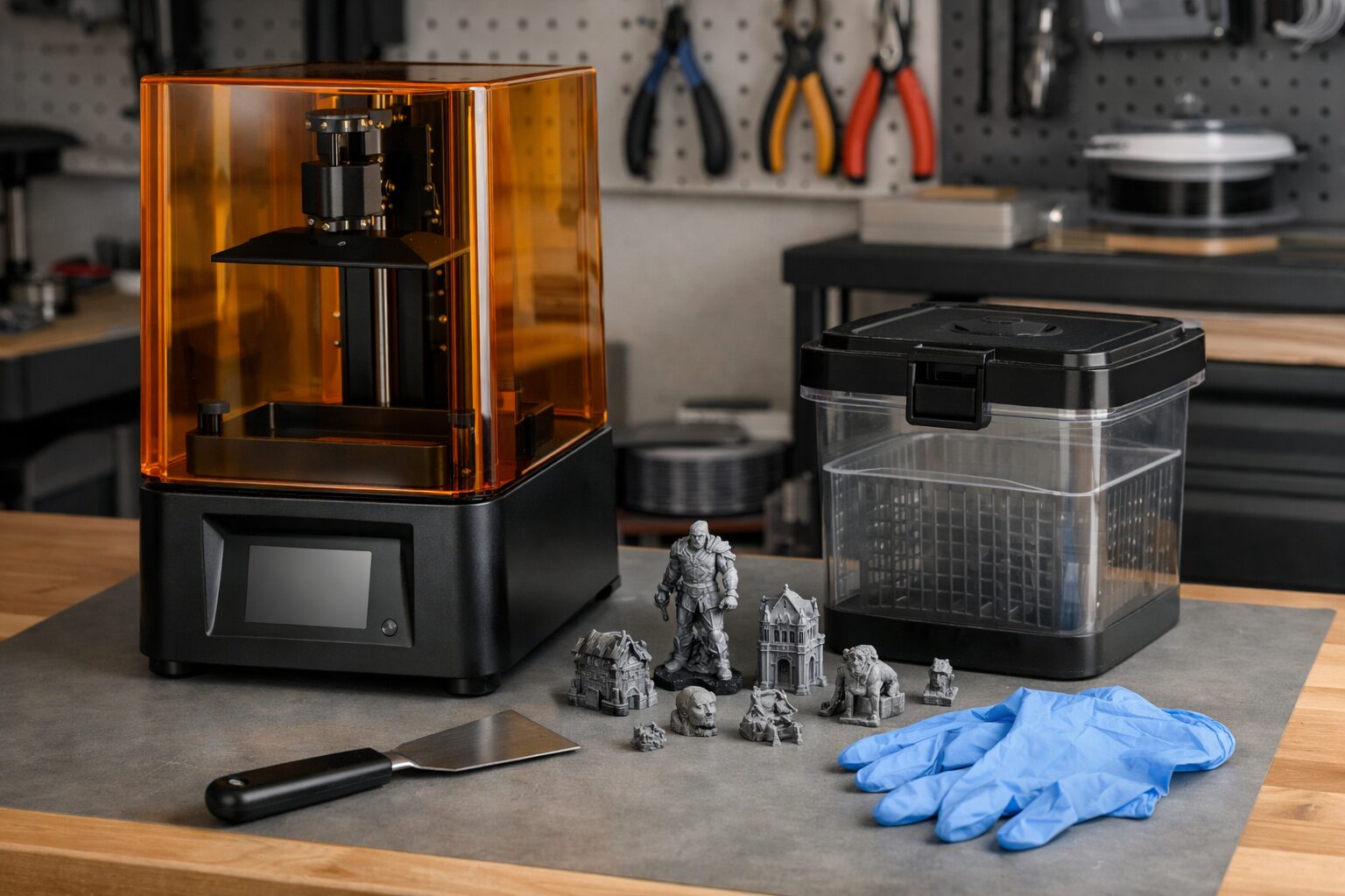 Смоляной 3D-принтер на рабочем столе рядом с готовыми мелкими деталями