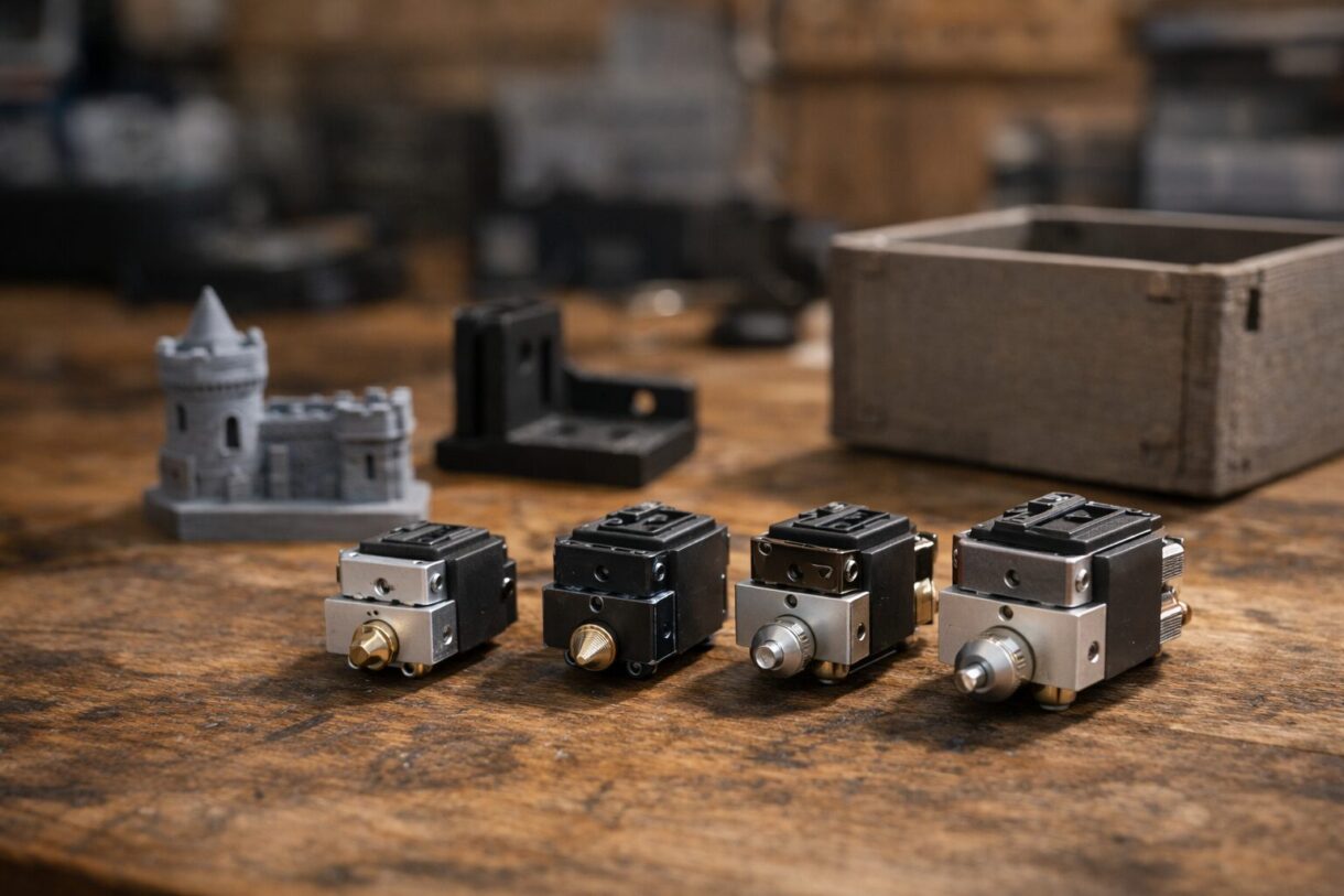 Сопла для A1 в мастерской Набор сменных hotend-узлов рядом с настольным 3D-принтером и готовыми деталями