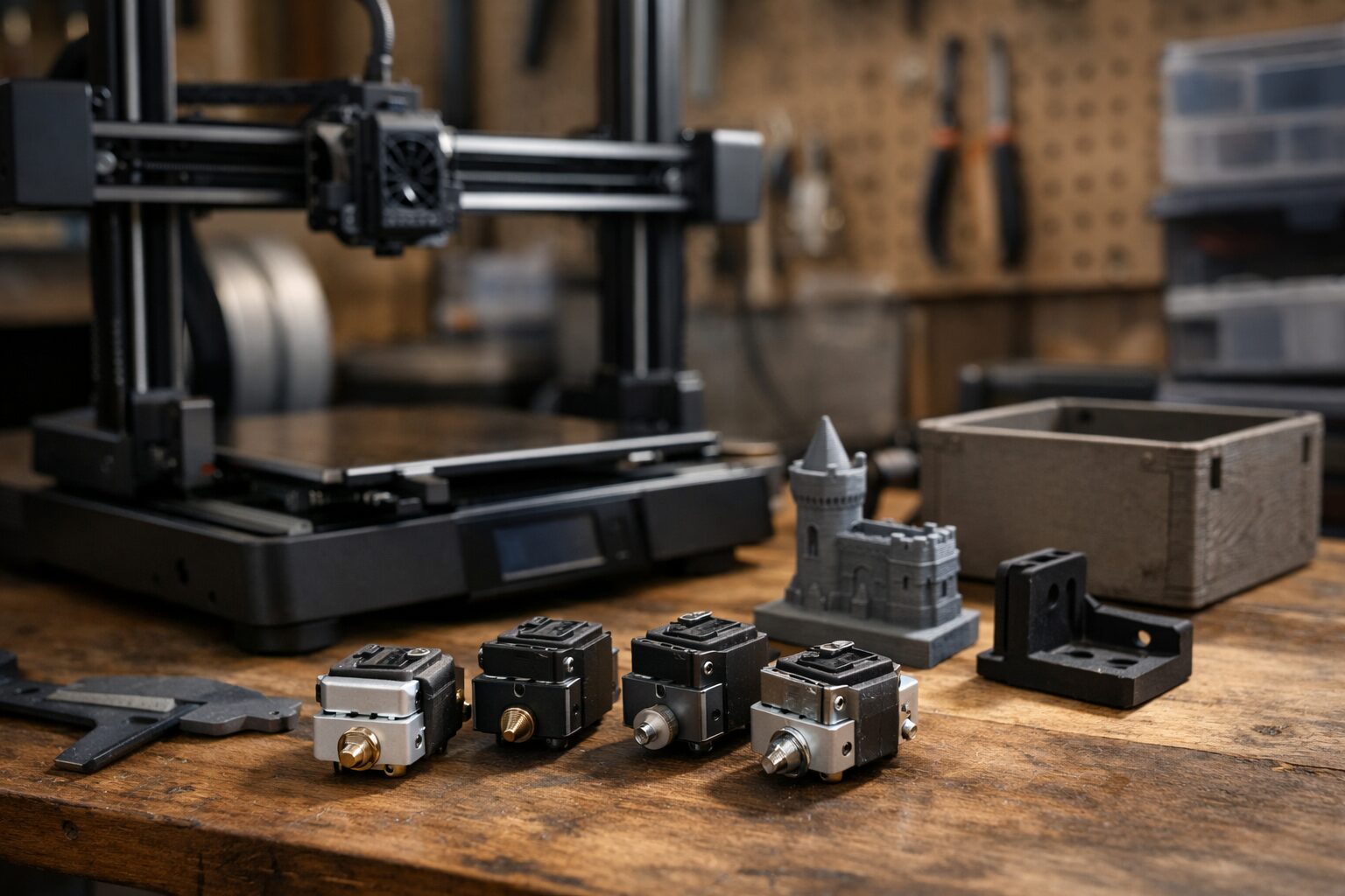 Набор сменных hotend-узлов рядом с настольным 3D-принтером и готовыми деталями