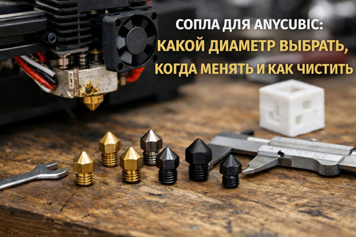 Сопла для FDM-принтера в мастерской Печатающая головка FDM-принтера и набор сменных сопел на верстаке