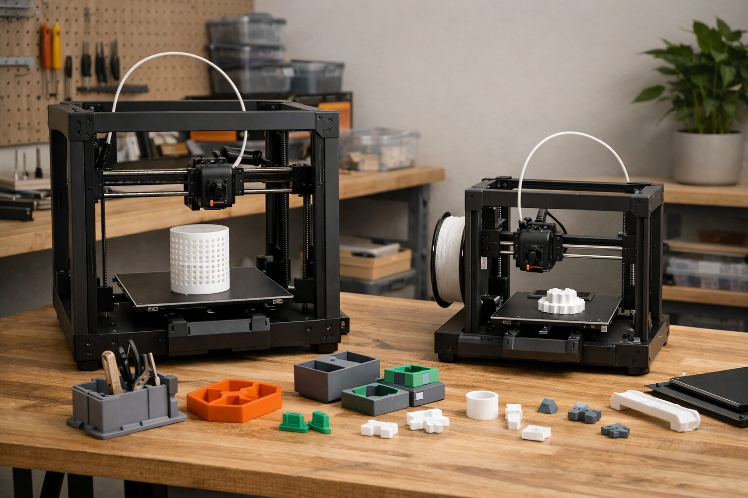 Два открытых настольных 3D-принтера в домашней мастерской рядом с напечатанными деталями