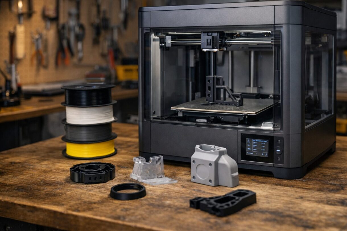 Сравнение закрытых 3D-принтеров Два закрытых 3D-принтера на верстаке в мастерской рядом с катушками и деталями